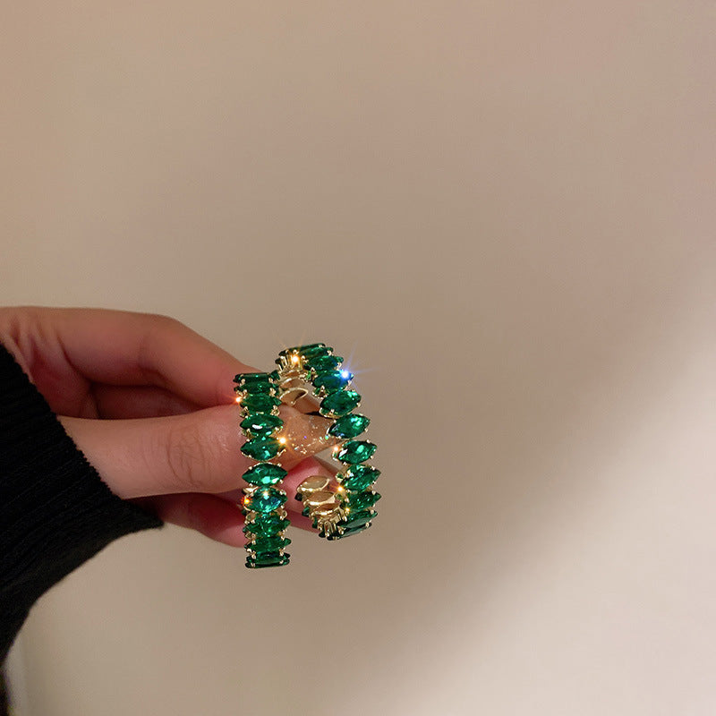 Wholesale Silver Post Emerald Rhinestone Hoop Earrings